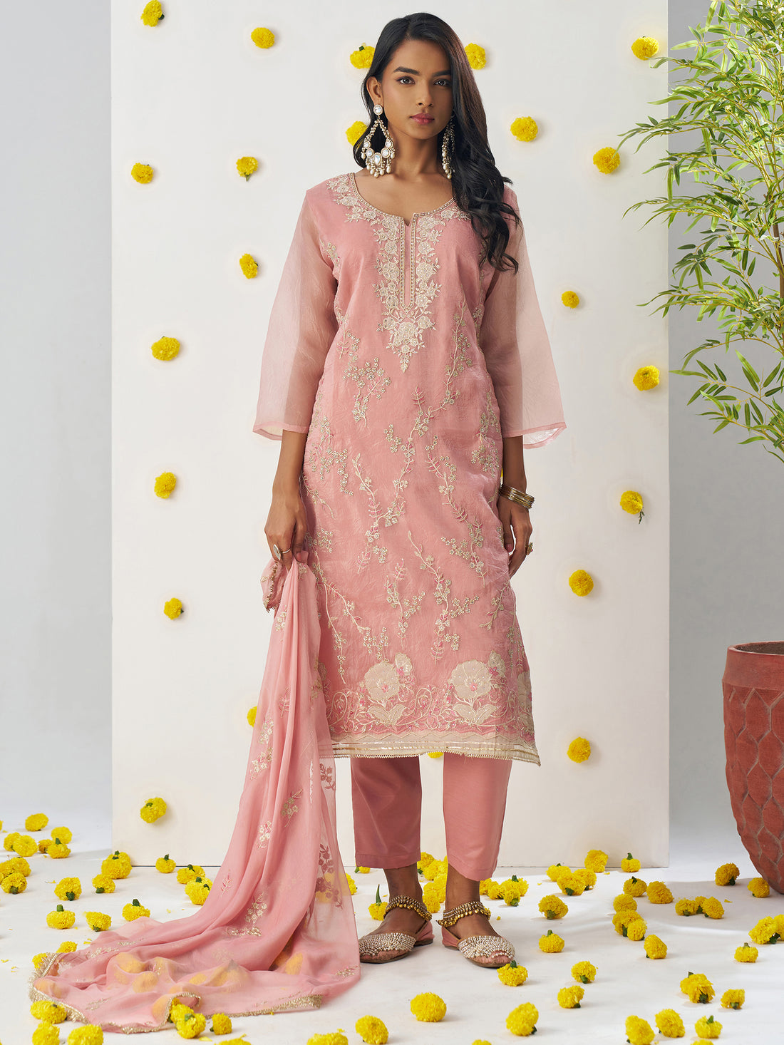 Gorgeous Peach Floral Embroidered Organza Pant Suit With Dupatta