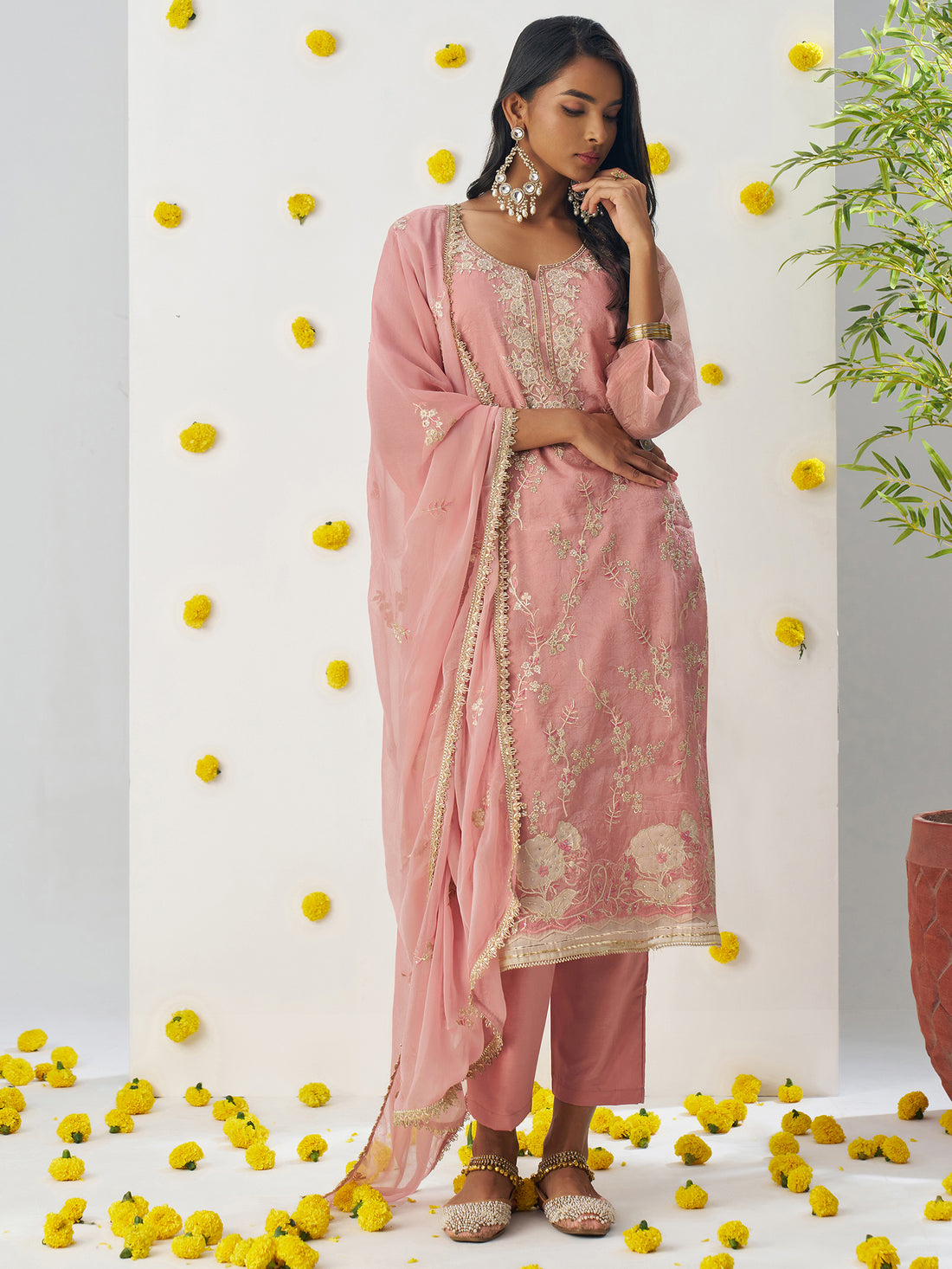 Gorgeous Peach Floral Embroidered Organza Pant Suit With Dupatta