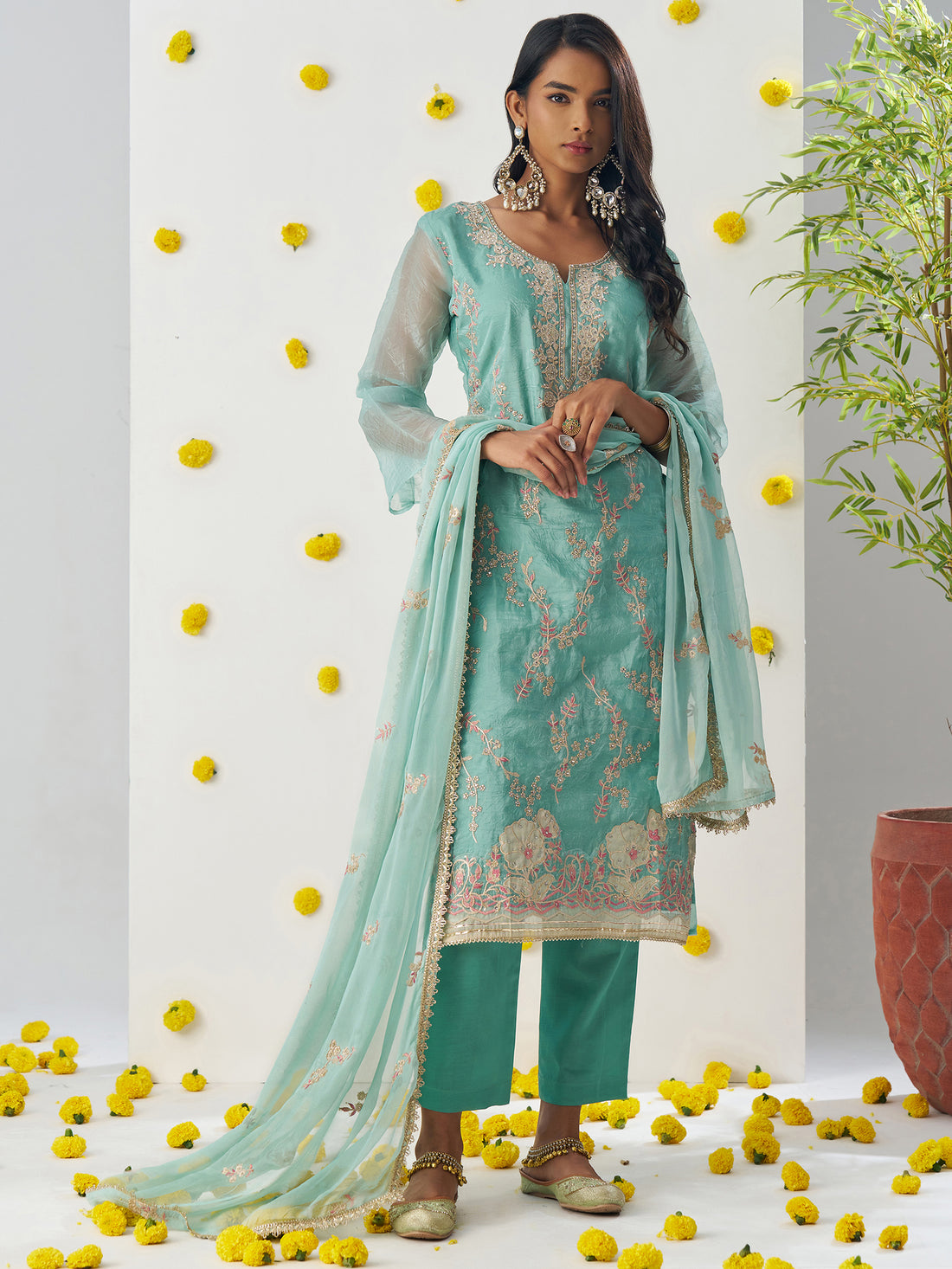 Lovable Pista Green Thread Work Organza Festival Wear Pant Suit