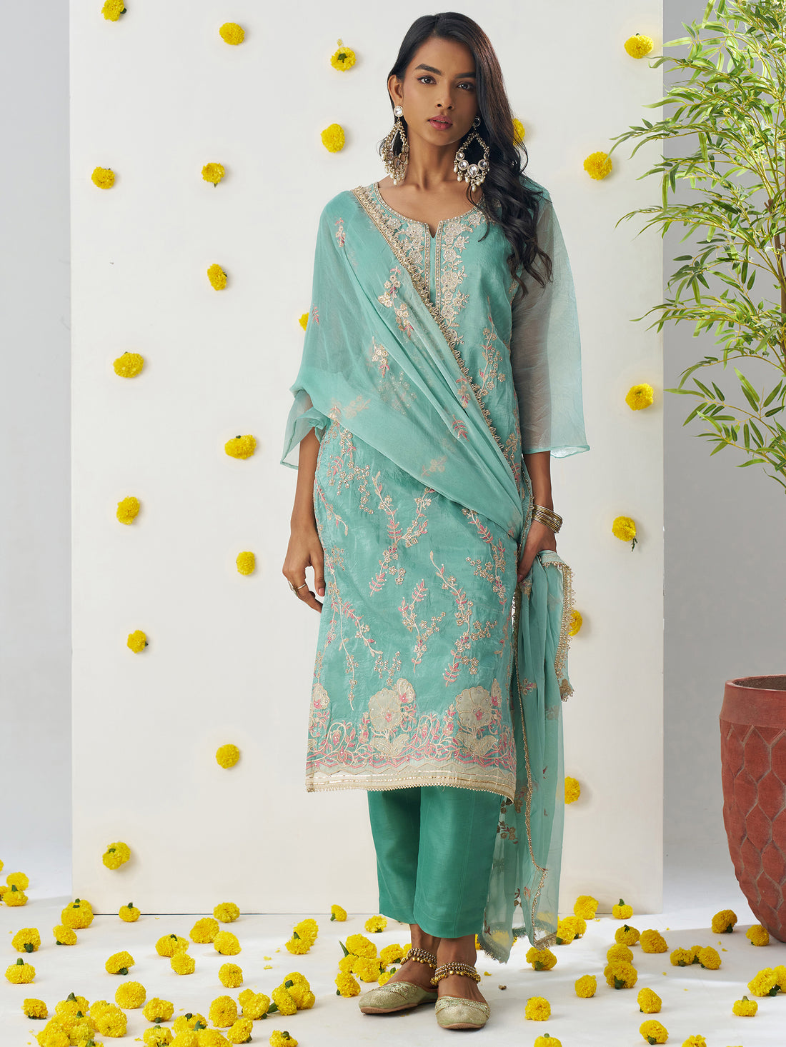 Lovable Pista Green Thread Work Organza Festival Wear Pant Suit