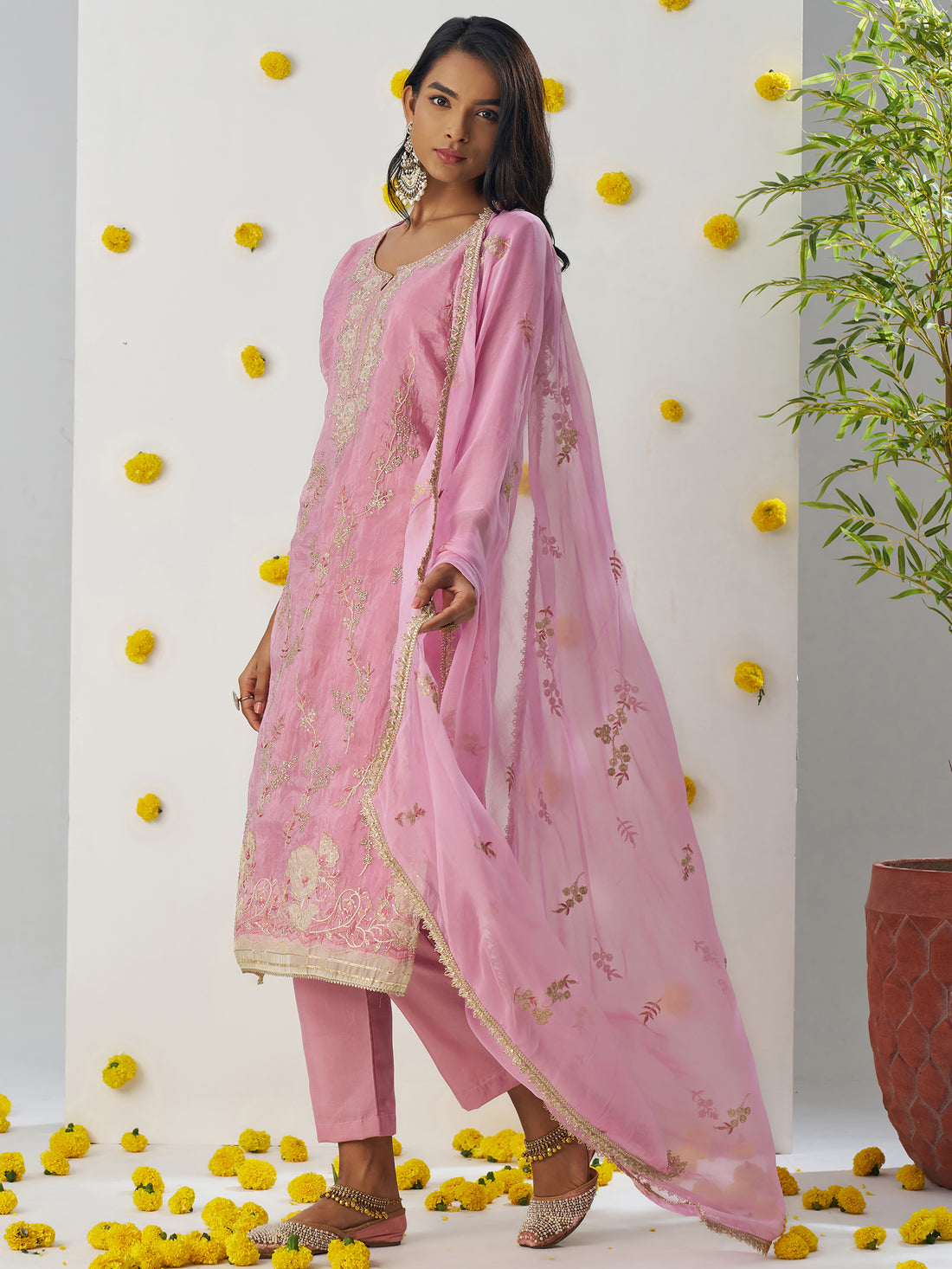 Spectacular Pink Floral Embroidered Organza Traditional Pant Suit