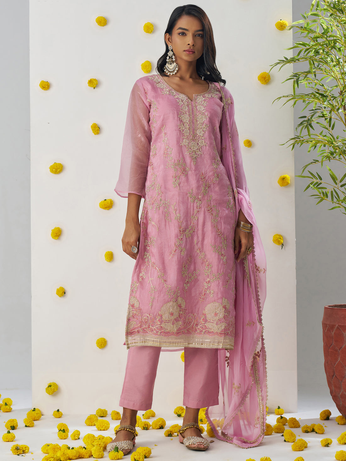 Spectacular Pink Floral Embroidered Organza Traditional Pant Suit