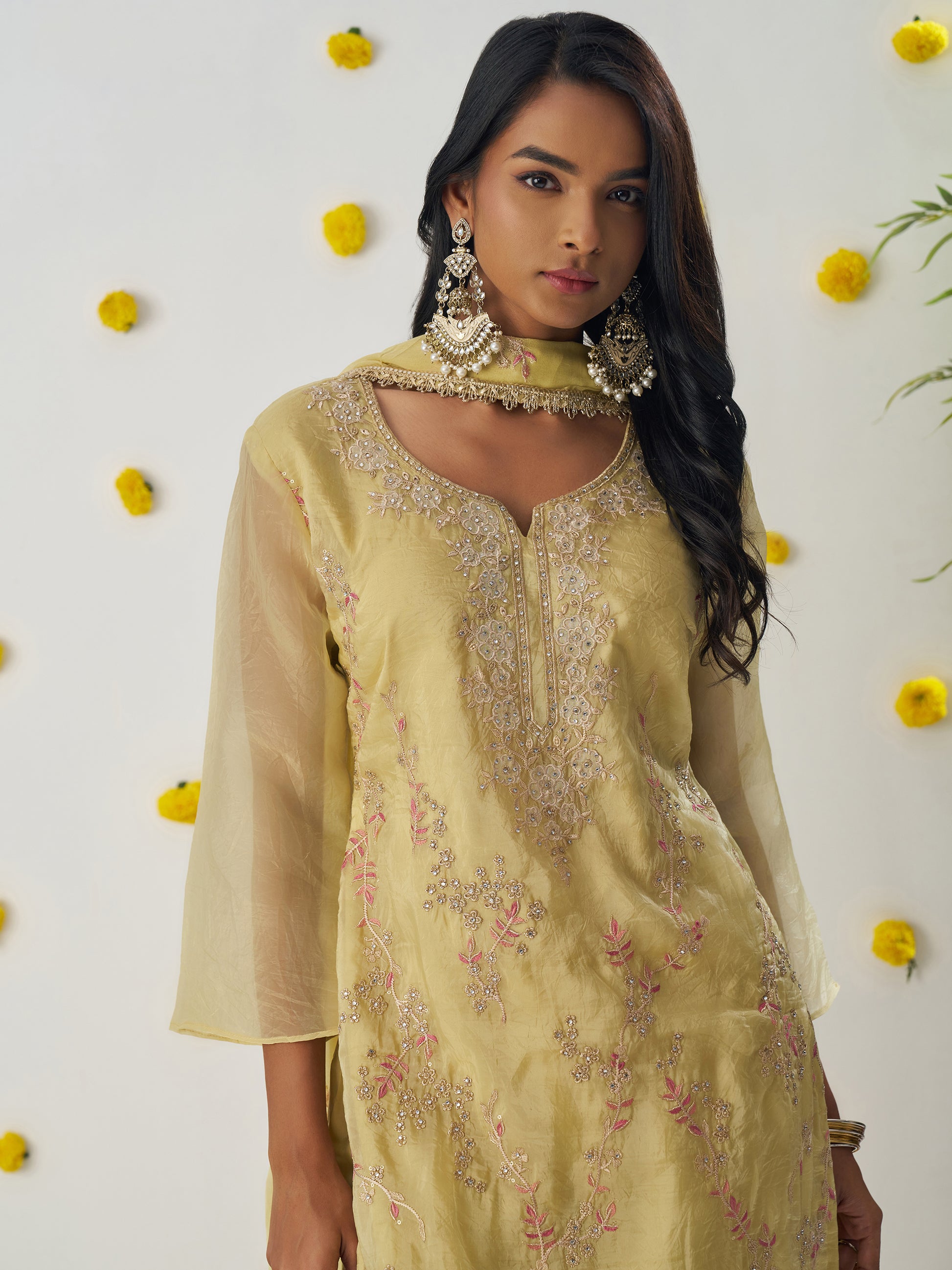 Marvelous Yellow Thread Embroidered Organza Event Wear Pant Suit