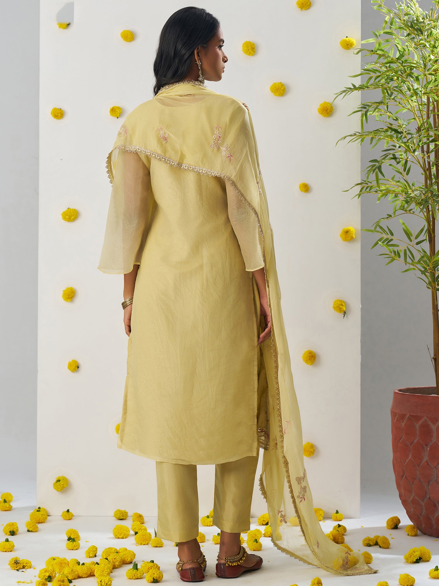 Marvelous Yellow Thread Embroidered Organza Event Wear Pant Suit