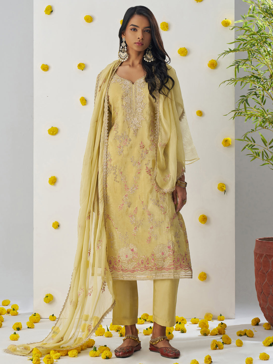 Marvelous Yellow Thread Embroidered Organza Event Wear Pant Suit