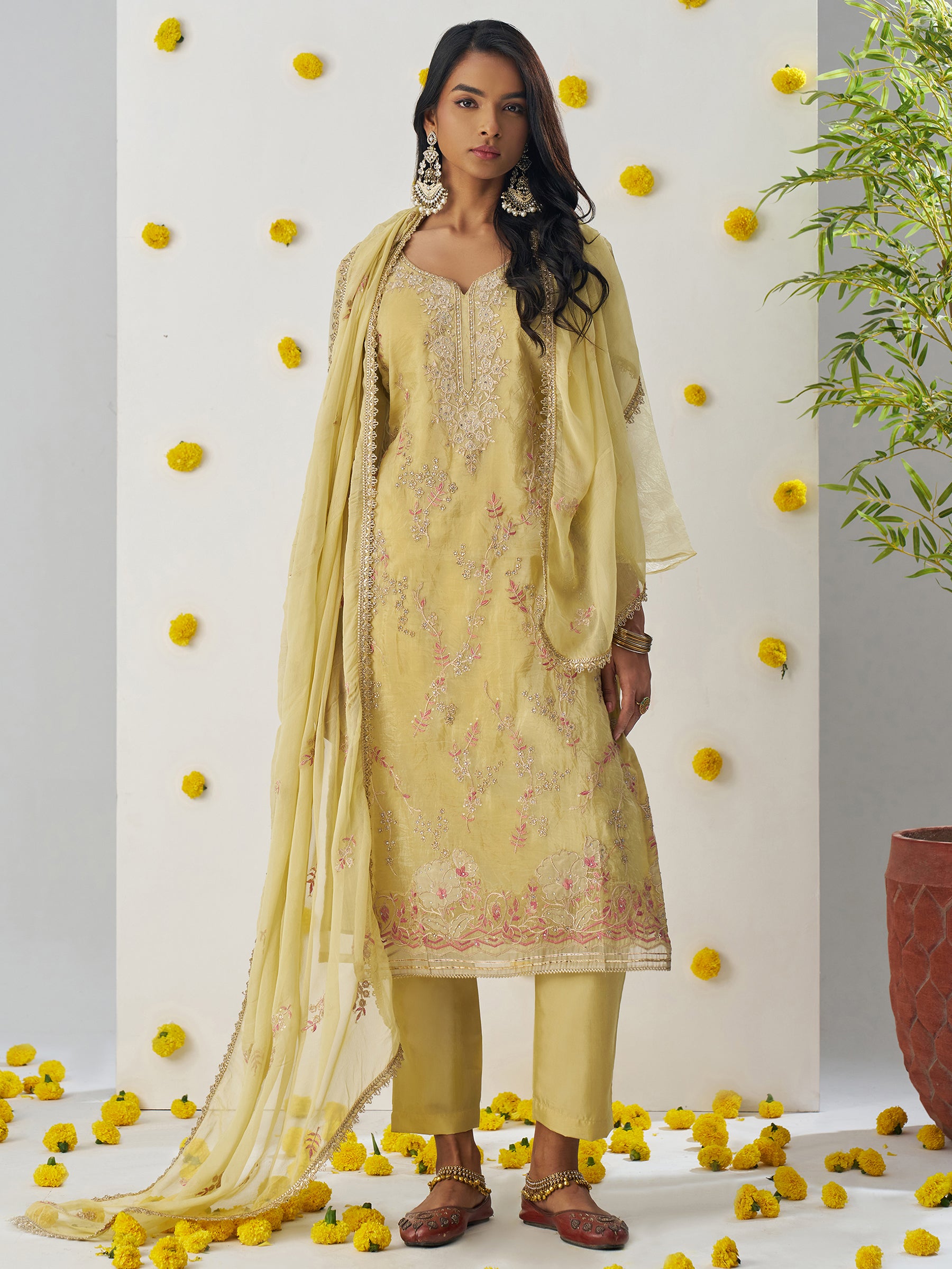 Marvelous Yellow Thread Embroidered Organza Event Wear Pant Suit