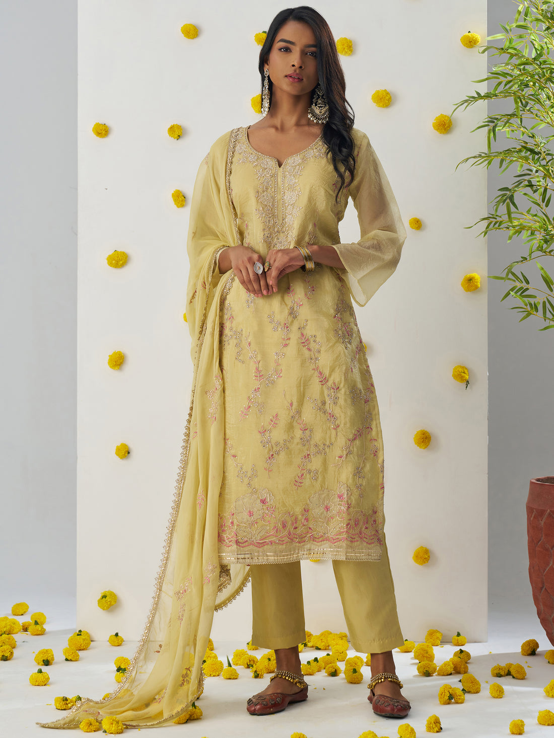Marvelous Yellow Thread Embroidered Organza Event Wear Pant Suit