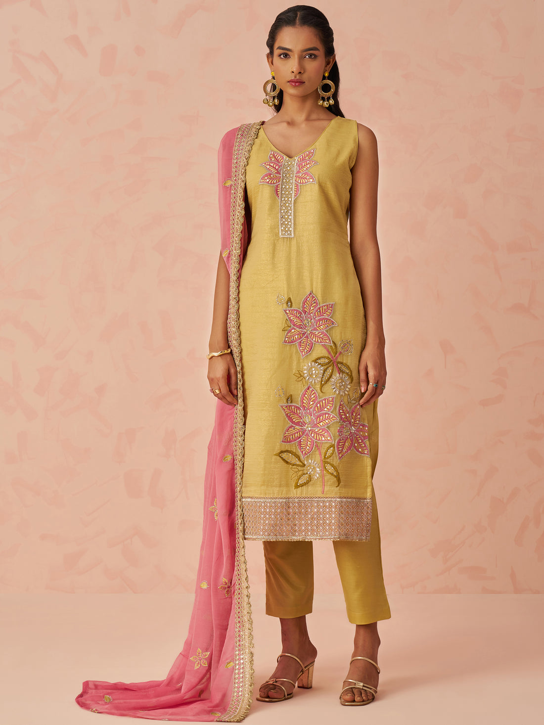 Awesome Yellow Floral Embroidery Silk Event Wear Pant Suit