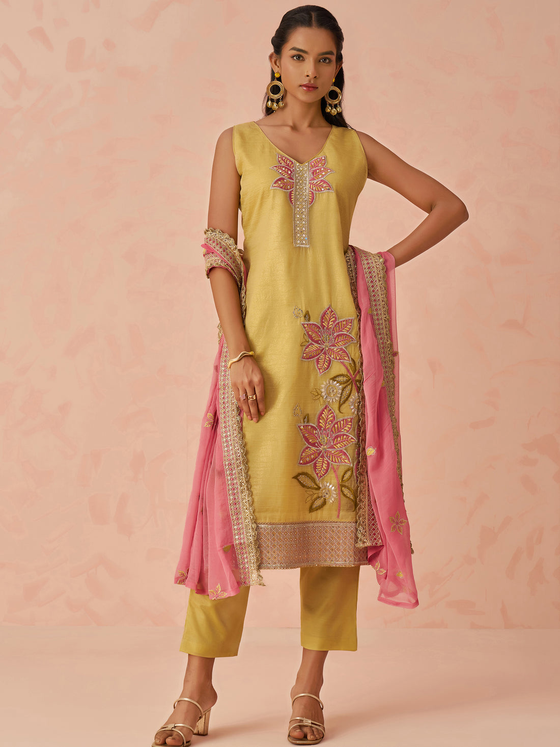 Awesome Yellow Floral Embroidery Silk Event Wear Pant Suit