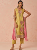 Awesome Yellow Floral Embroidery Silk Event Wear Pant Suit