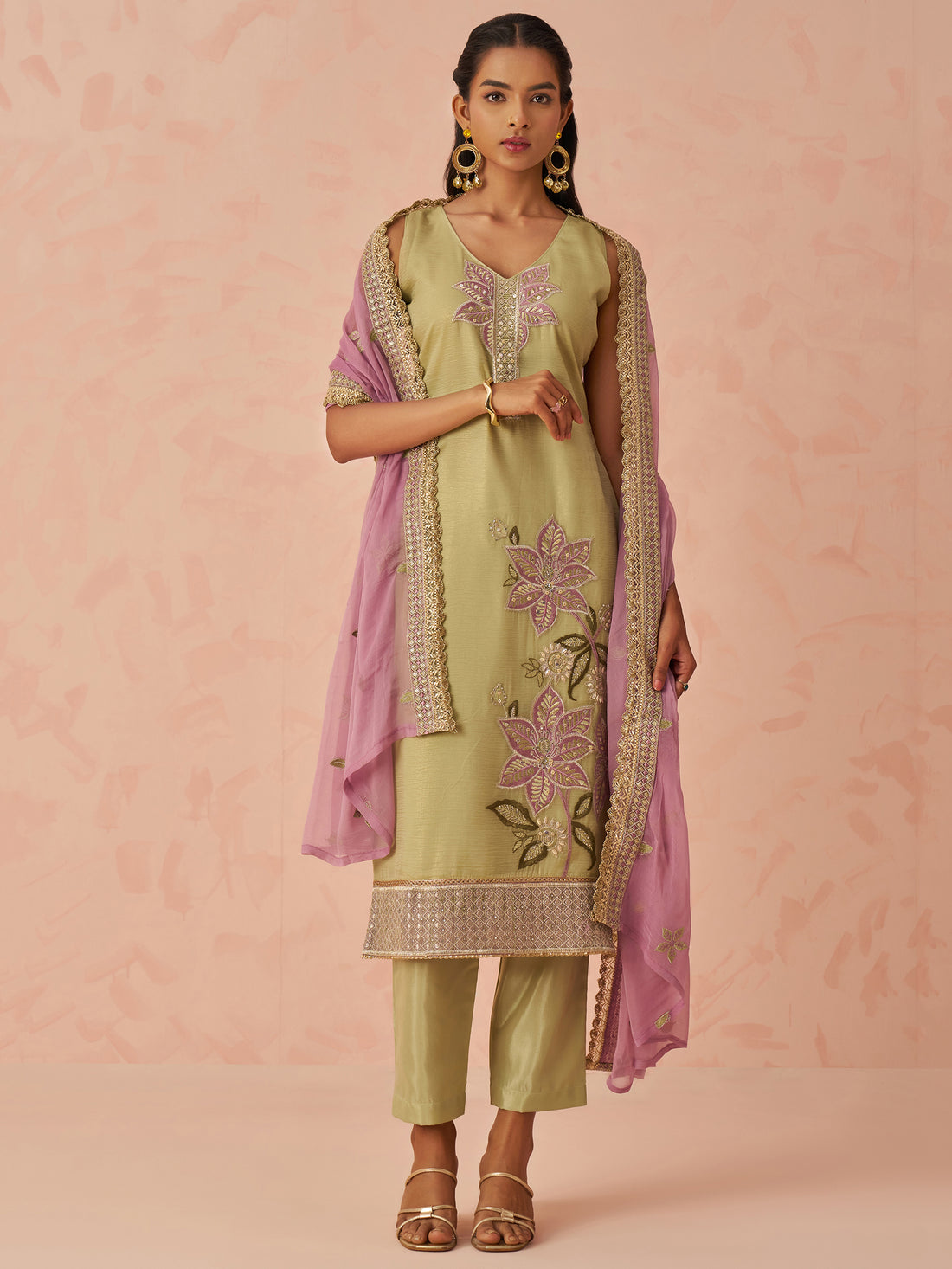 Marvelous Pista Green Floral Embroidered Silk Festival Wear Pant Suit