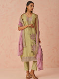 Marvelous Pista Green Floral Embroidered Silk Festival Wear Pant Suit