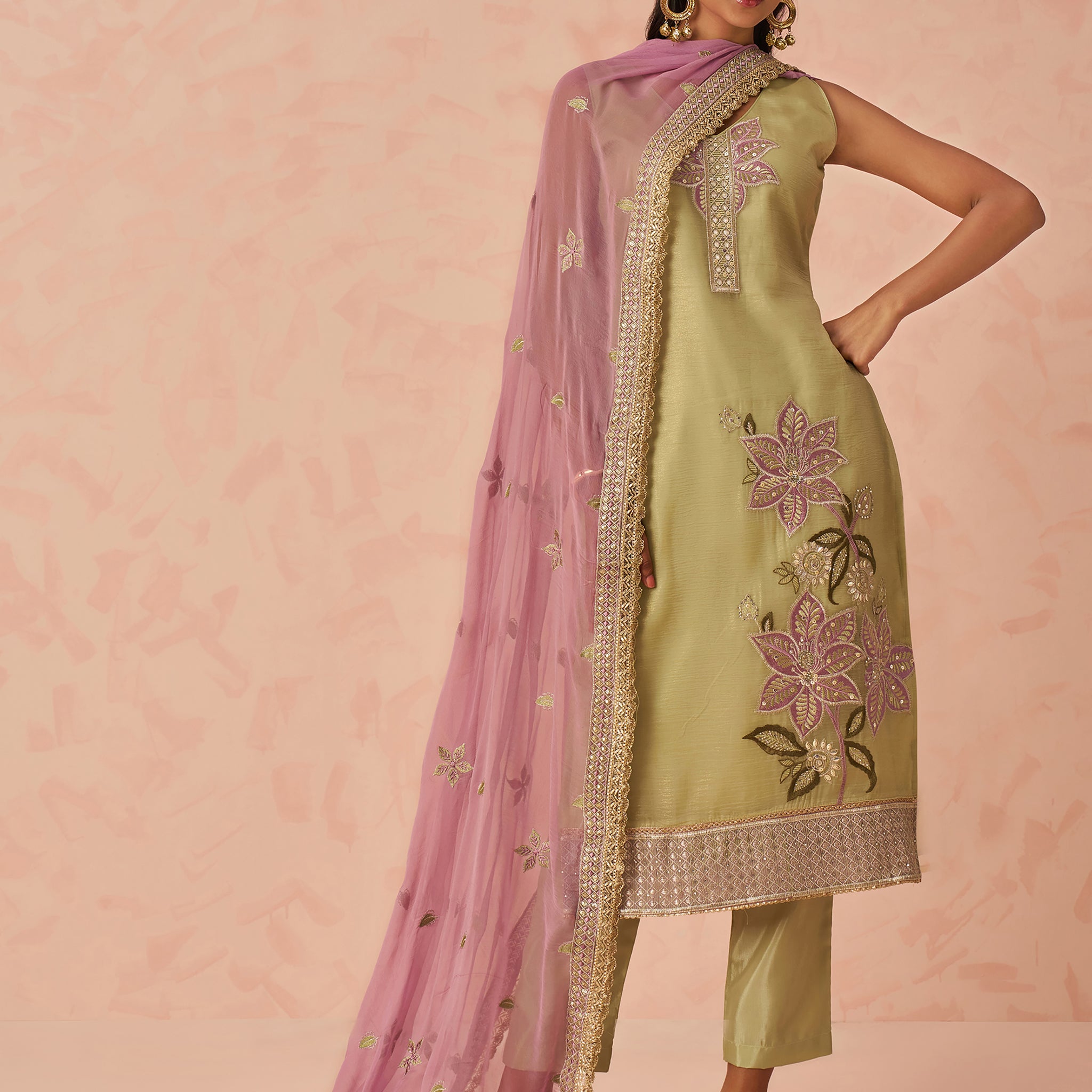 Marvelous Pista Green Floral Embroidered Silk Festival Wear Pant Suit