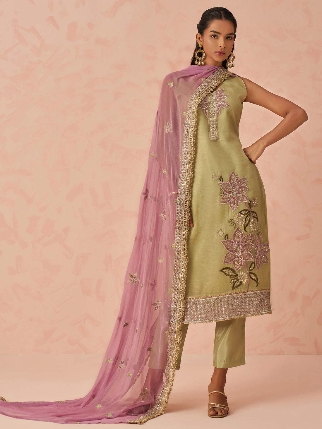Marvelous Pista Green Floral Embroidered Silk Festival Wear Pant Suit