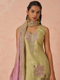 Marvelous Pista Green Floral Embroidered Silk Festival Wear Pant Suit