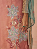 Glamorous Peach Floral Embroidered Silk Pant Suit With Dupatta