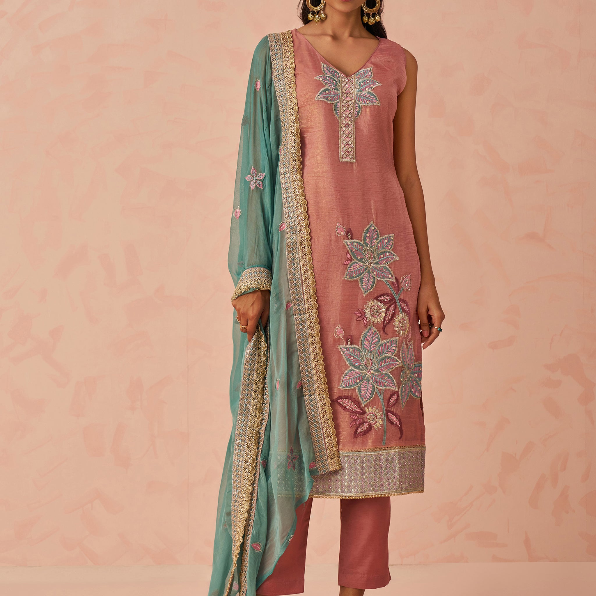 Glamorous Peach Floral Embroidered Silk Pant Suit With Dupatta