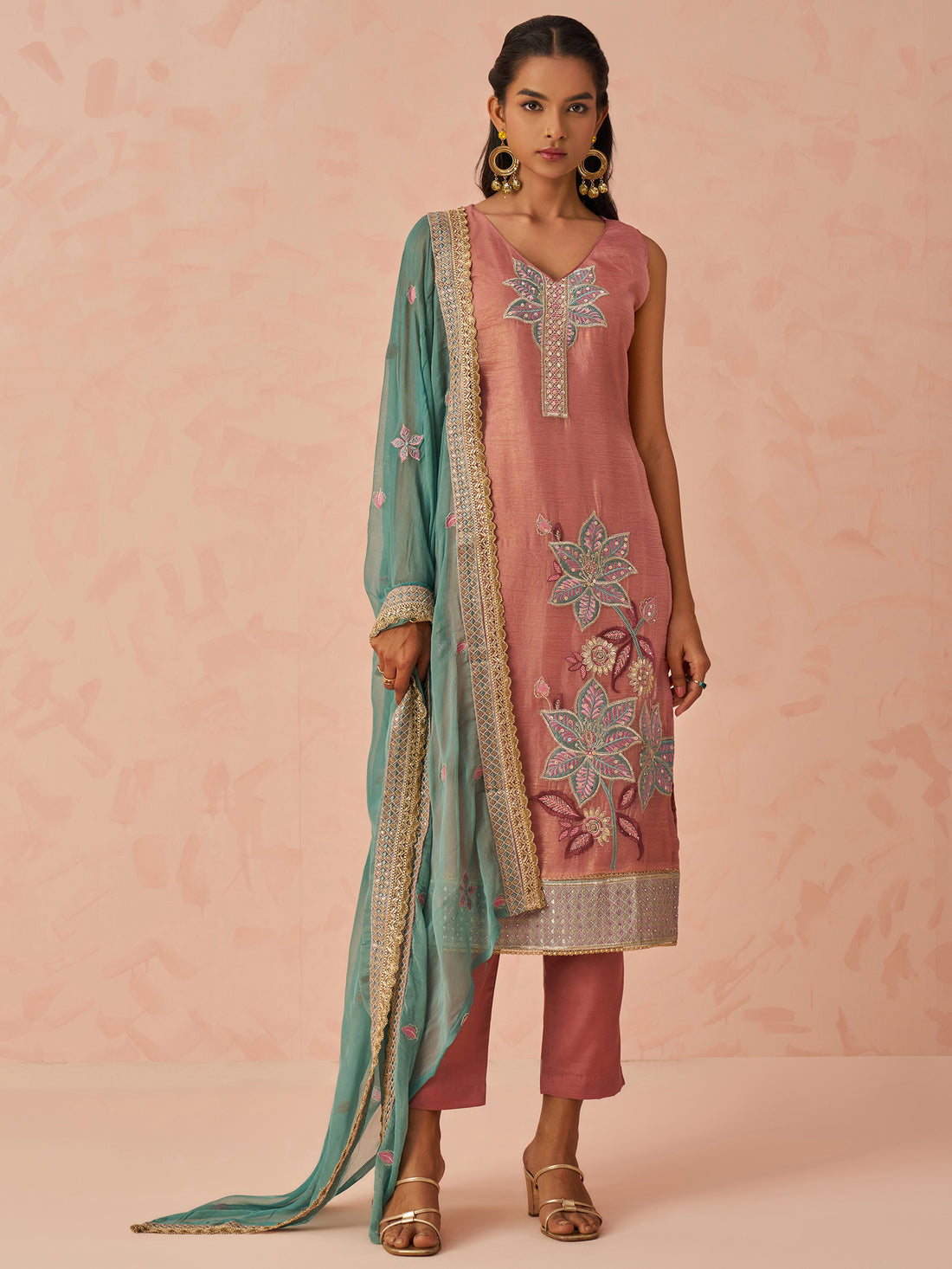 Glamorous Peach Floral Embroidered Silk Pant Suit With Dupatta