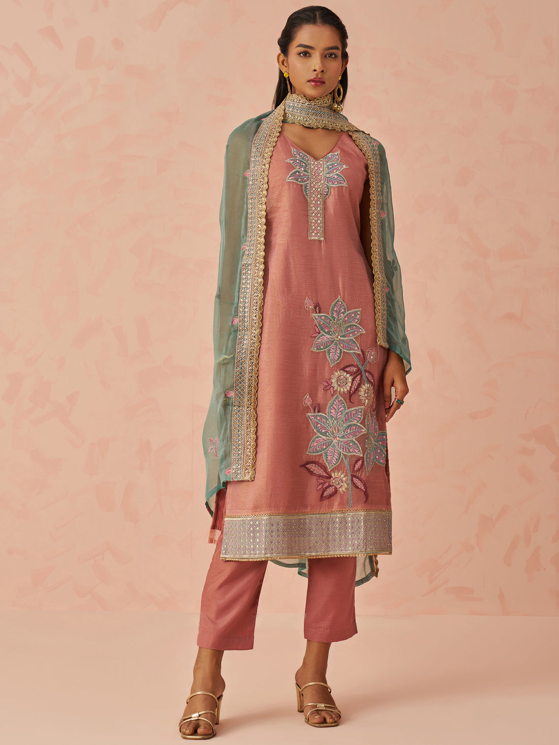 Glamorous Peach Floral Embroidered Silk Pant Suit With Dupatta