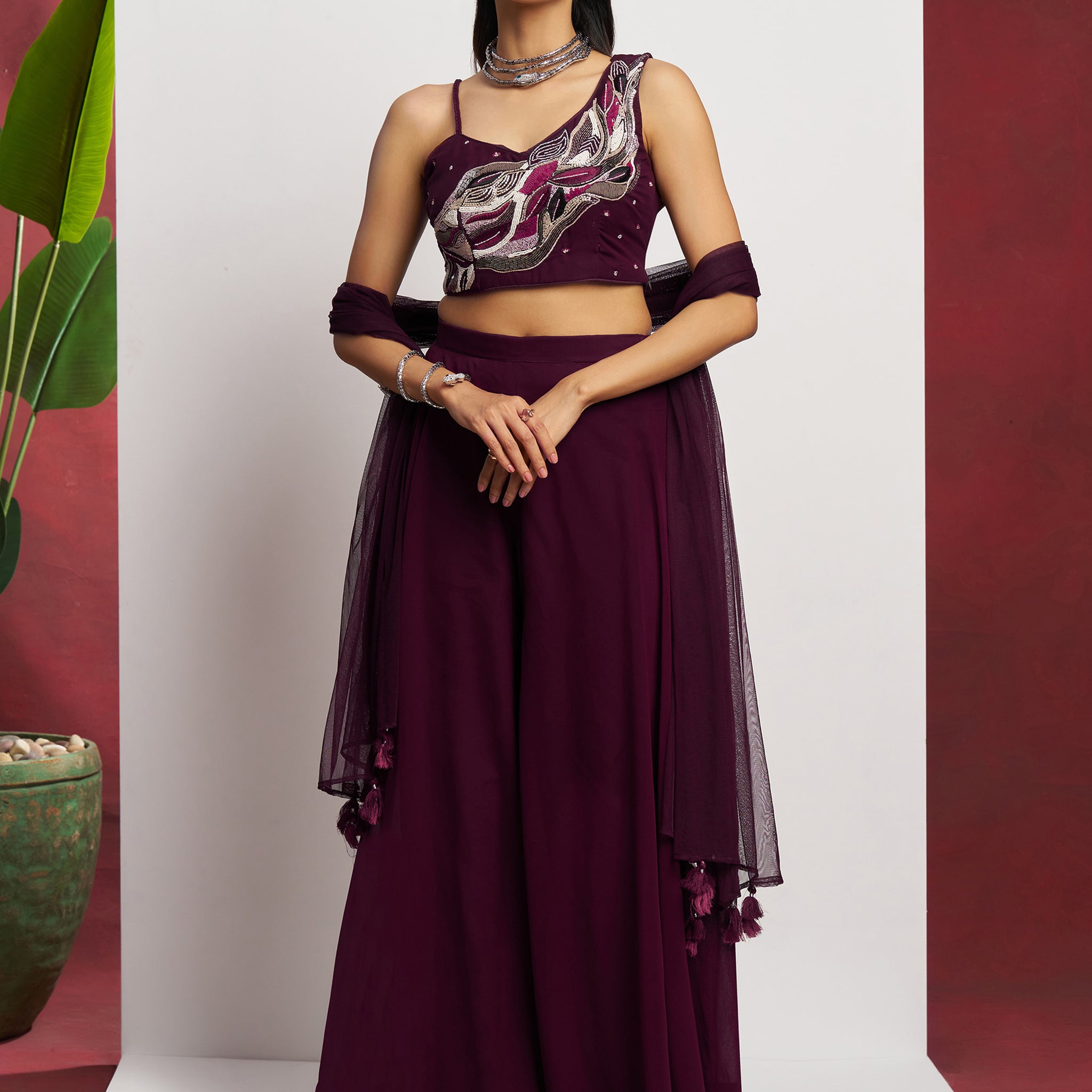 Attractive Wine Khatli Work Georgette Designer Crop Top Palazzo