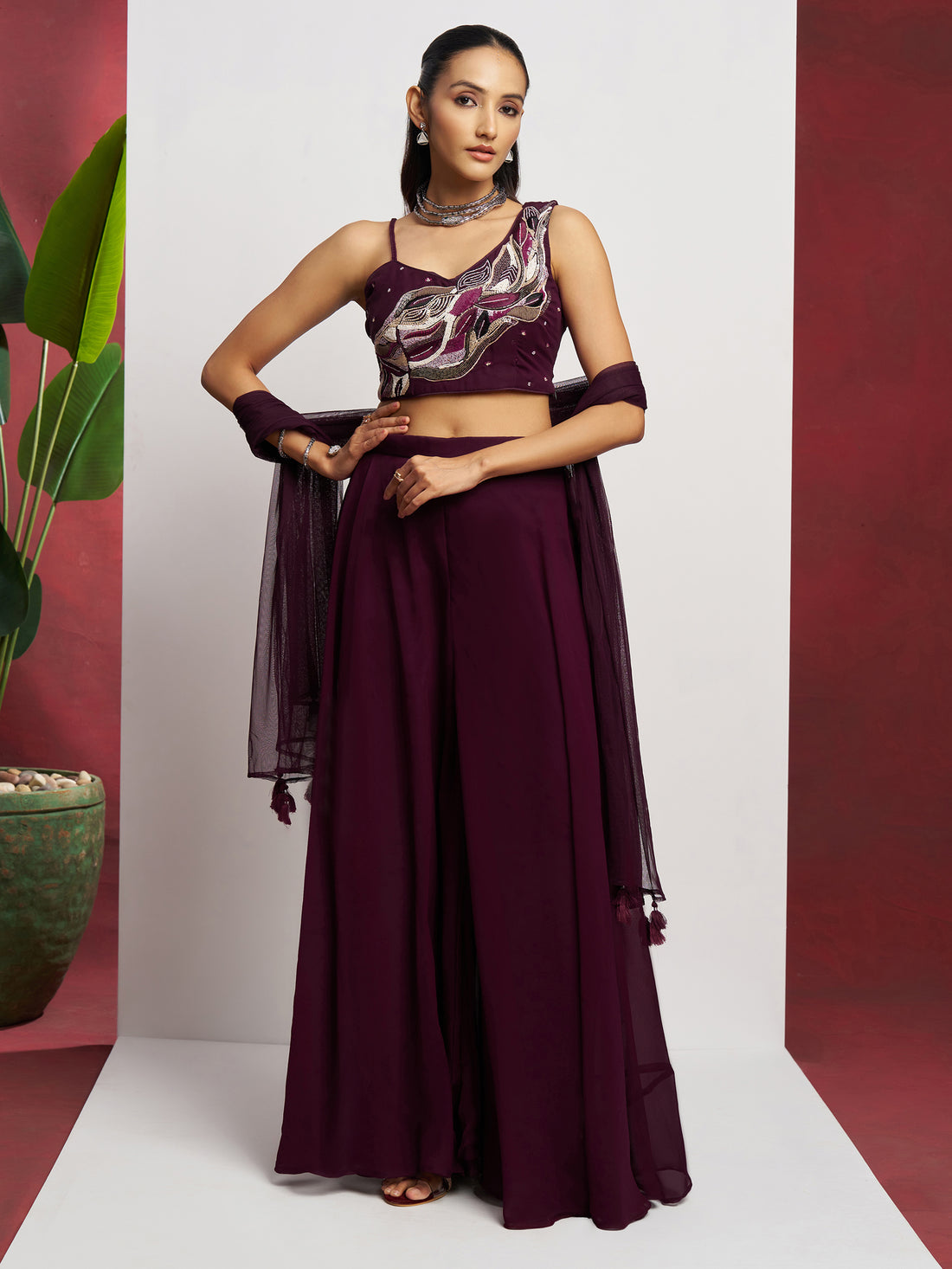 Attractive Wine Khatli Work Georgette Designer Crop Top Palazzo