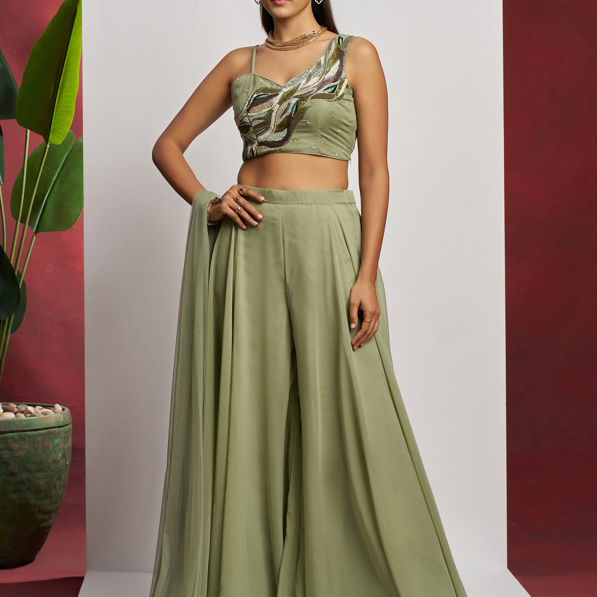 Gorgeous Pista Green Khatli Work Georgette Party Wear Crop Top Palazzo