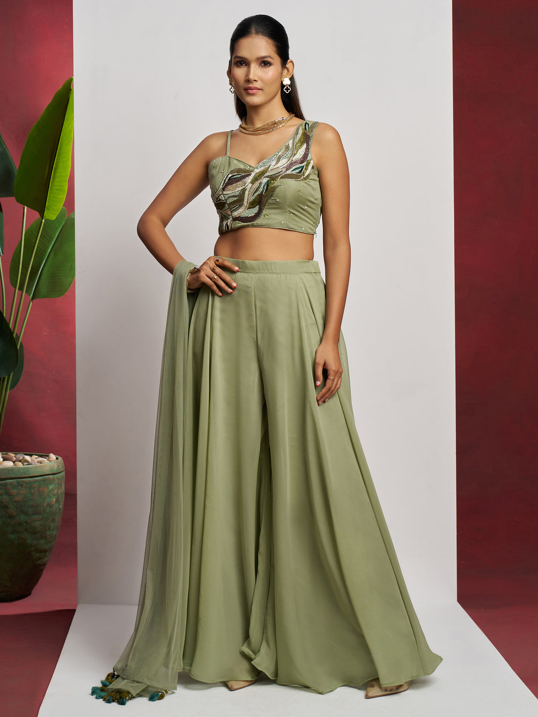 Gorgeous Pista Green Khatli Work Georgette Party Wear Crop Top Palazzo