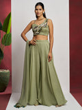 Gorgeous Pista Green Khatli Work Georgette Party Wear Crop Top Palazzo