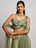 Gorgeous Pista Green Khatli Work Georgette Party Wear Crop Top Palazzo