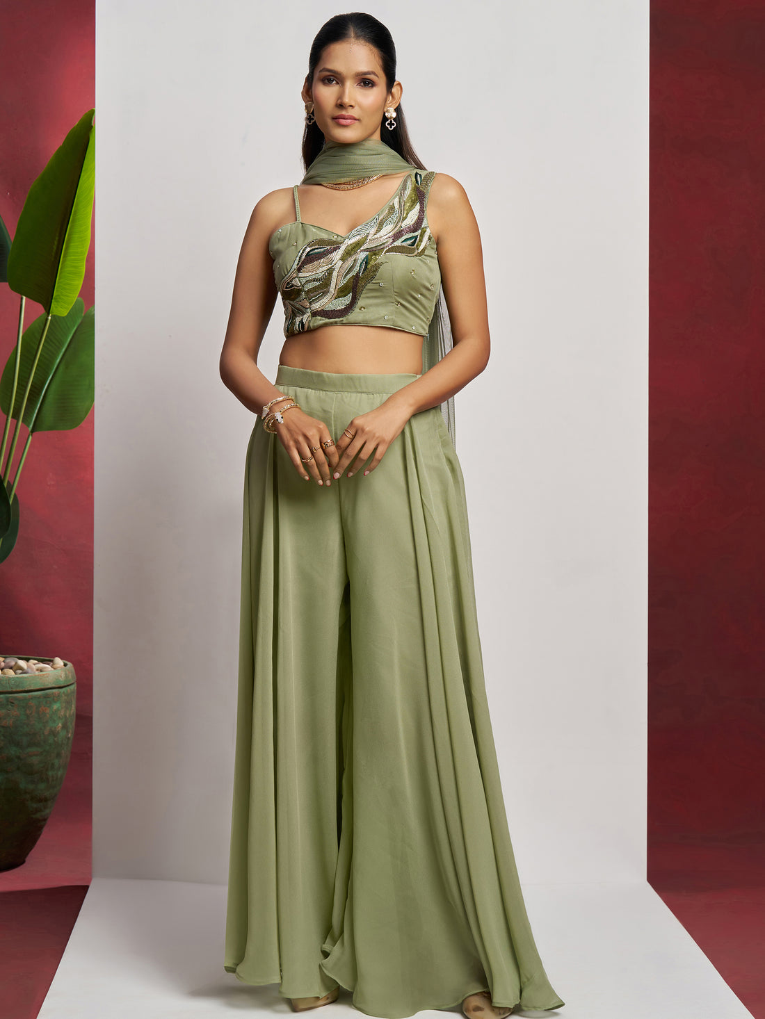 Gorgeous Pista Green Khatli Work Georgette Party Wear Crop Top Palazzo