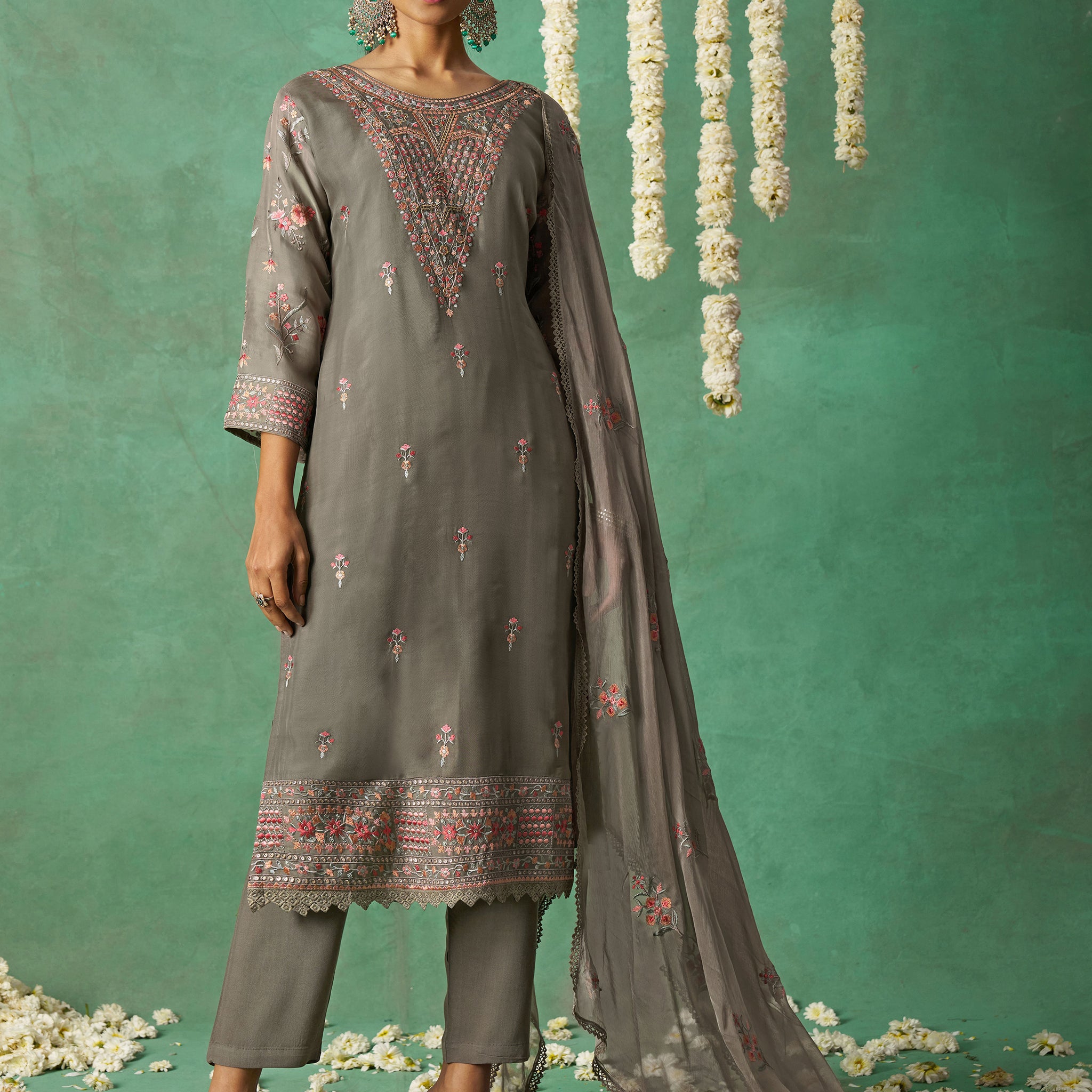Beautiful Grey Embroidered Organza Festive Wear Pant Suit with Dupatta
