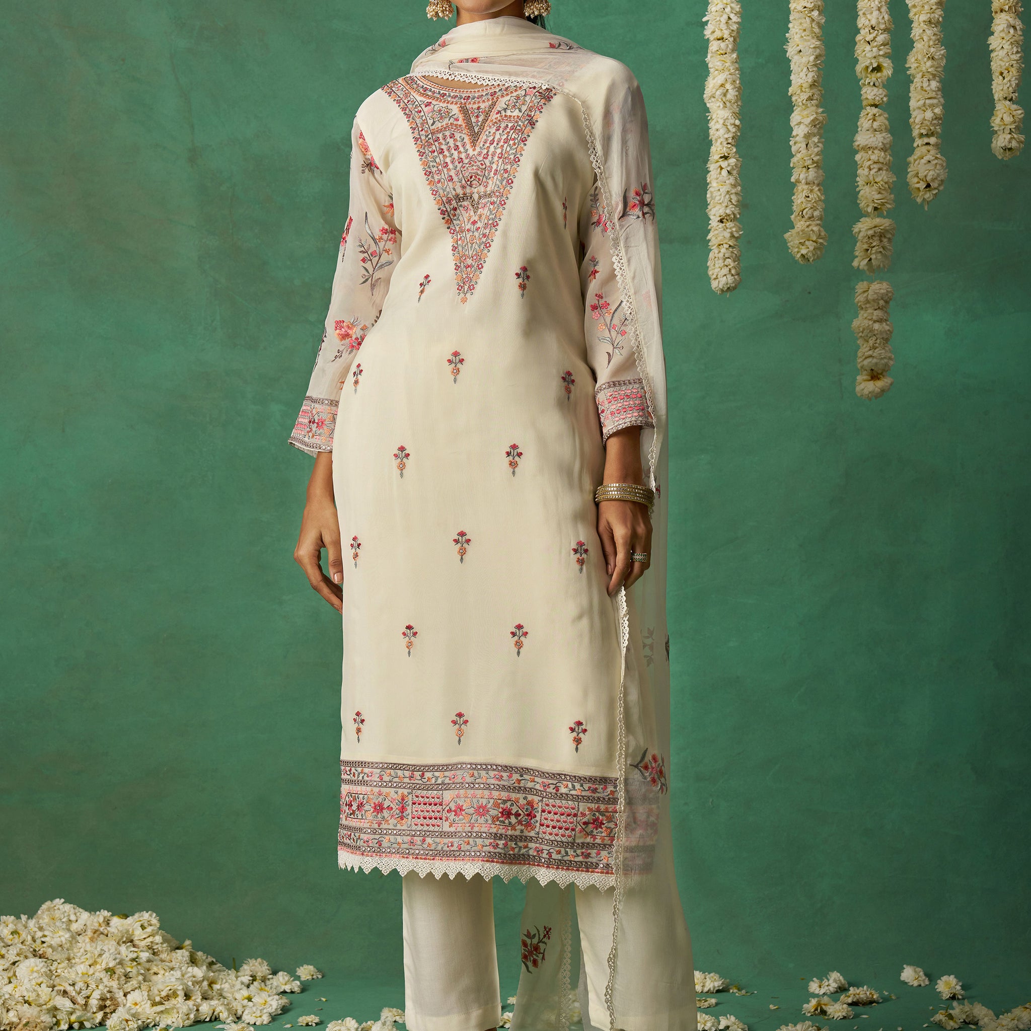 Captivating Beige Embroidered Organza Festive Wear Pant Suit with Dupatta