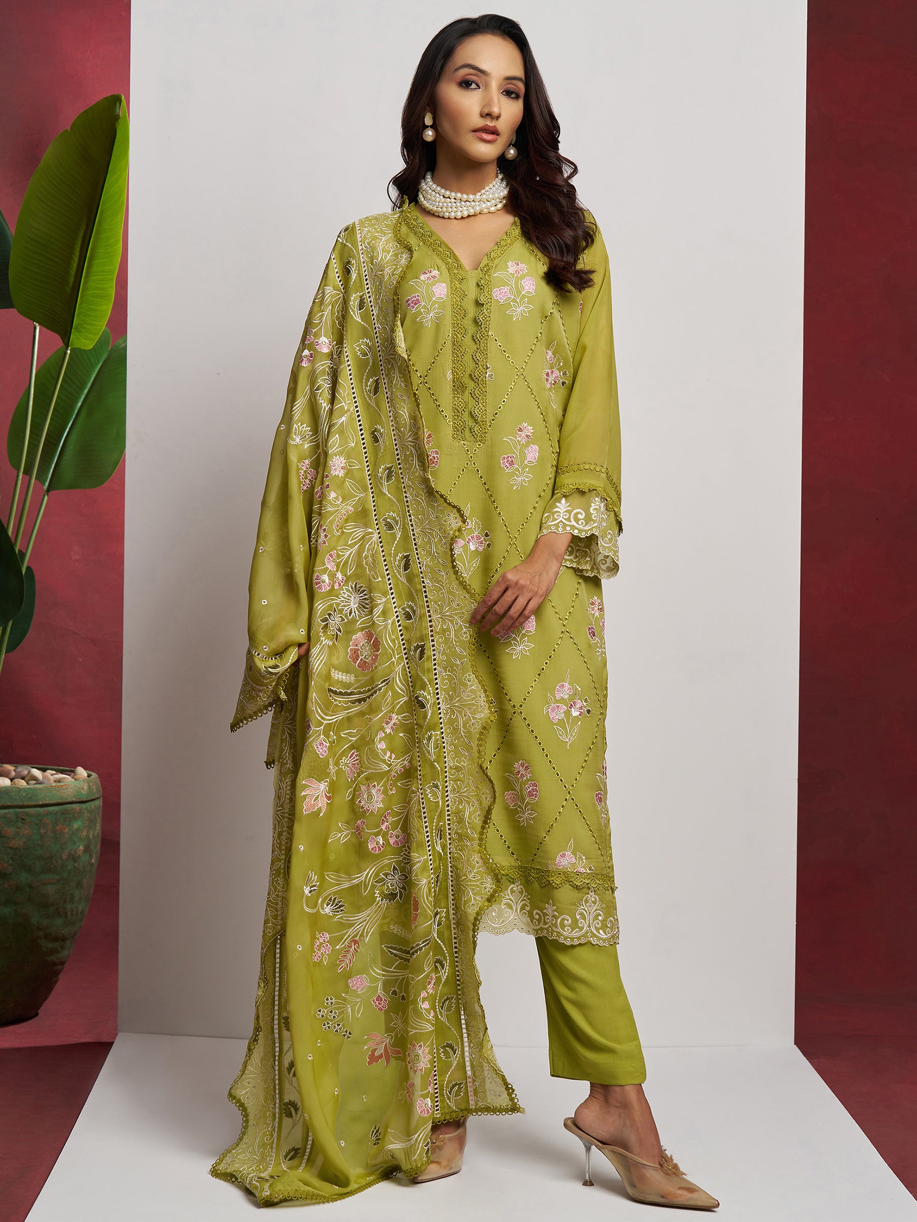 Stunning Green Floral Embroidered Organza Mehendi Wear Pant Suit with Heavy Dupatta