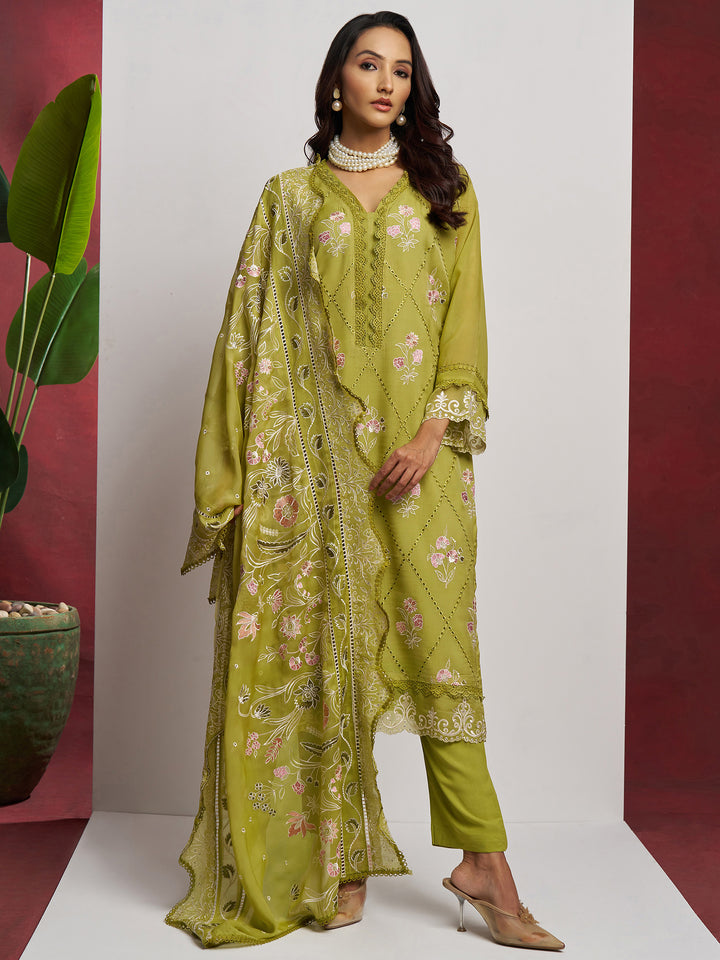 Stunning Green Floral Embroidered Organza Mehendi Wear Pant Suit with Heavy Dupatta