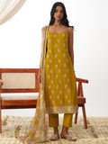 Lovely Mustard Yellow Thread Work Organza Straight Suit With Dupatta