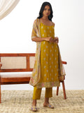 Lovely Mustard Yellow Thread Work Organza Straight Suit With Dupatta