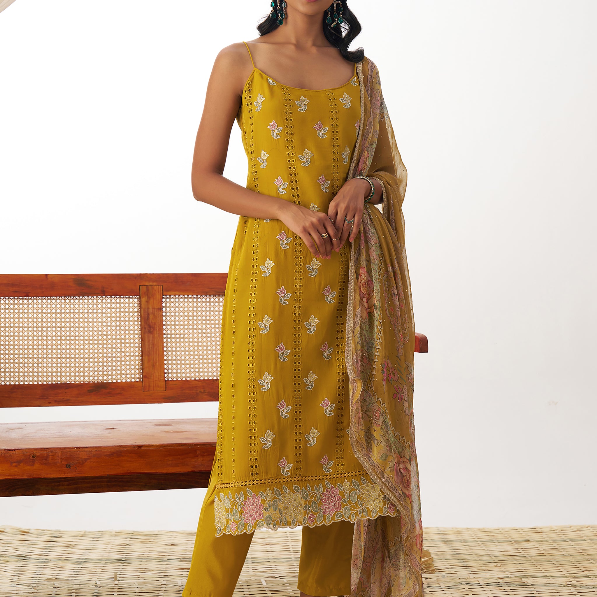Lovely Mustard Yellow Thread Work Organza Straight Suit With Dupatta