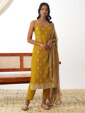 Lovely Mustard Yellow Thread Work Organza Straight Suit With Dupatta