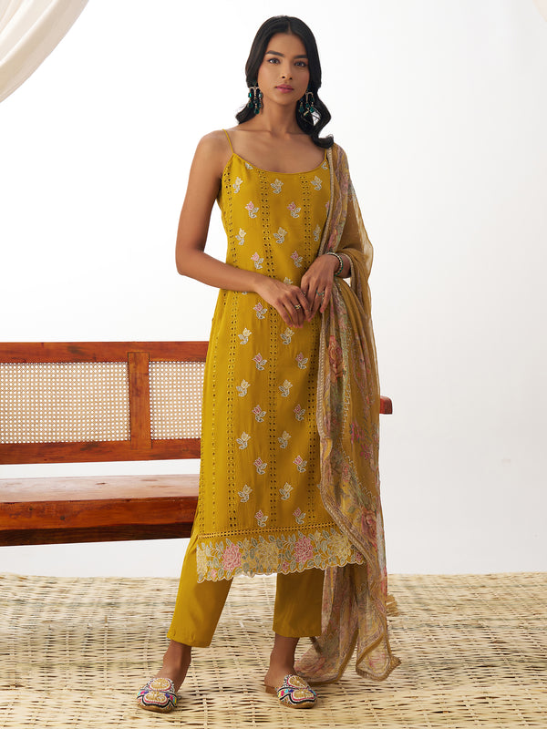 Lovely Mustard Yellow Thread Work Organza Straight Suit With Dupatta