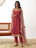Gorgeous Coral Red Thread Embroidery Organza Festival Wear Pant Suit