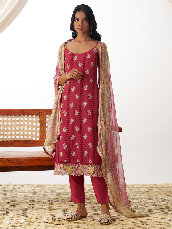 Gorgeous Coral Red Thread Embroidery Organza Festival Wear Pant Suit