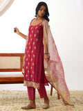 Gorgeous Coral Red Thread Embroidery Organza Festival Wear Pant Suit