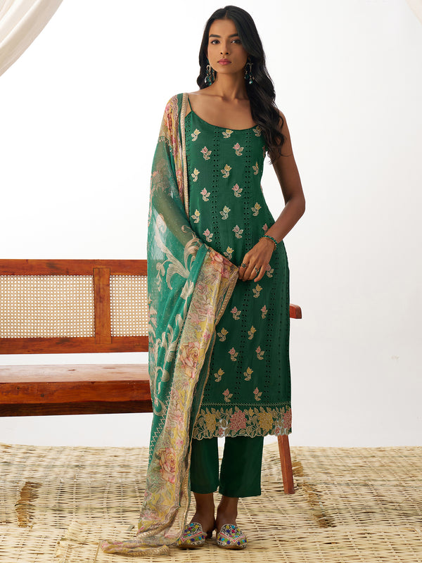 Special Green Thread Work Organza Mehendi Wear Suit With Dupatta