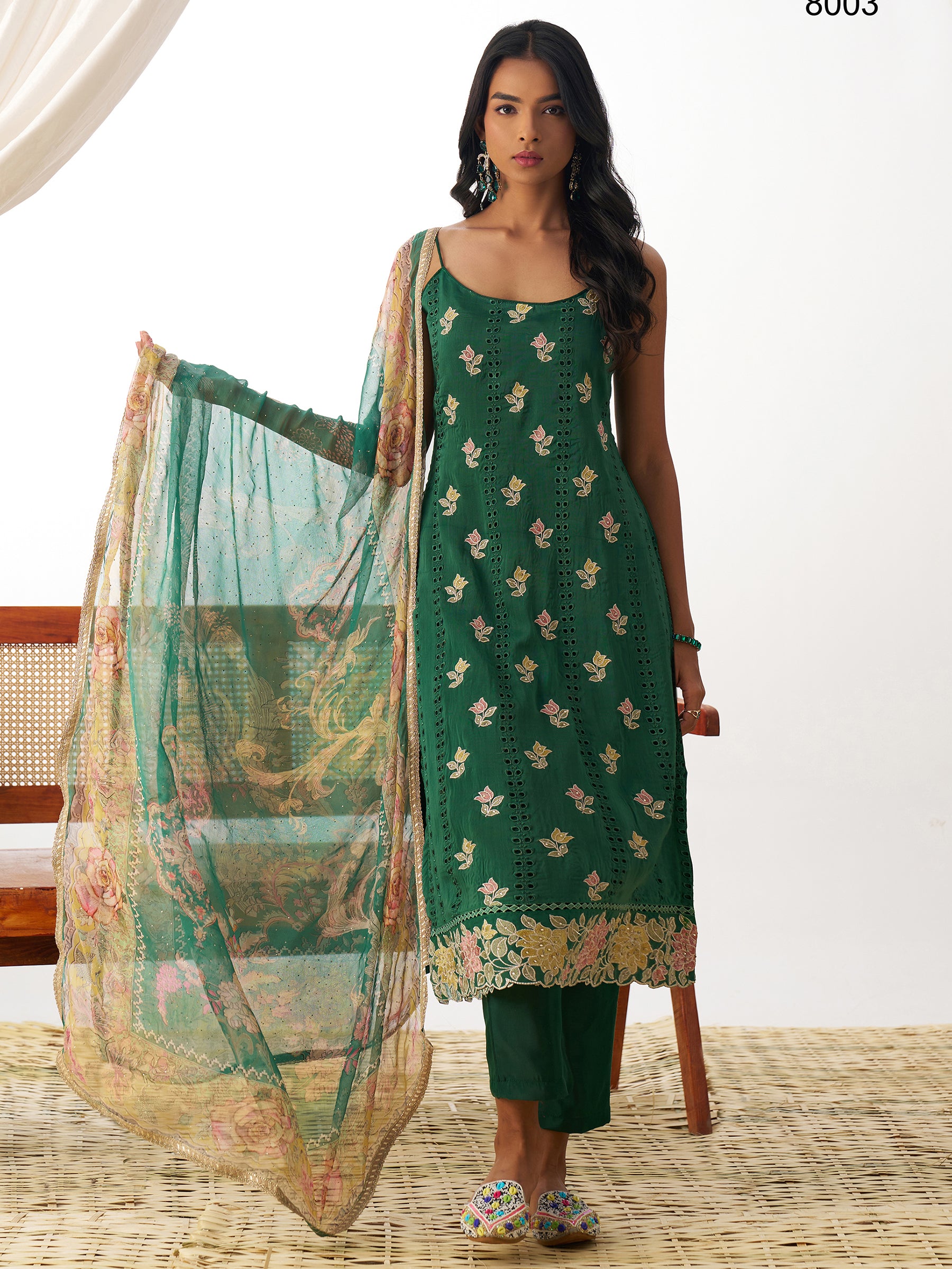 Special Green Thread Work Organza Mehendi Wear Suit With Dupatta