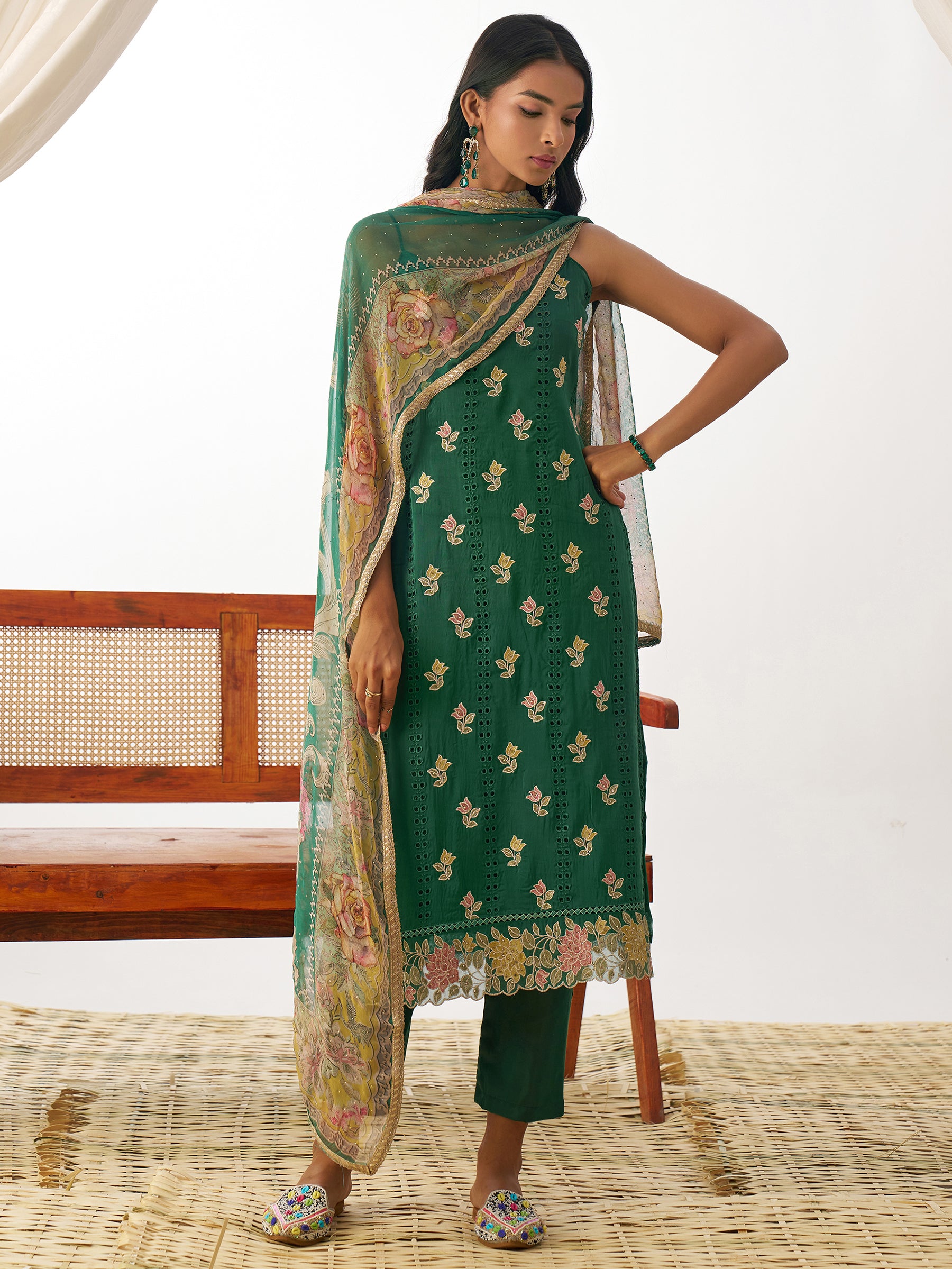Special Green Thread Work Organza Mehendi Wear Suit With Dupatta