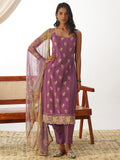 Attractive Purple Thread Embroidery Organza Event Wear Straight Suit