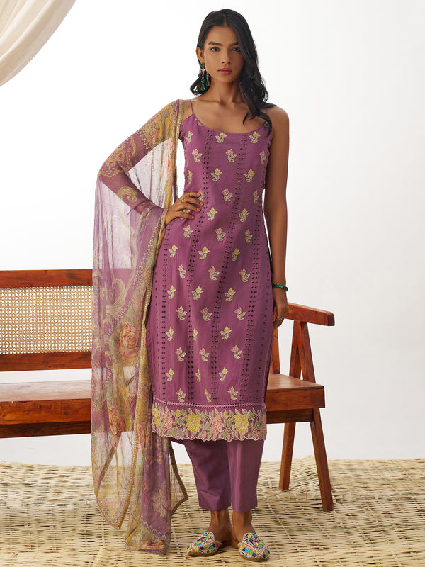 Attractive Purple Thread Embroidery Organza Event Wear Straight Suit