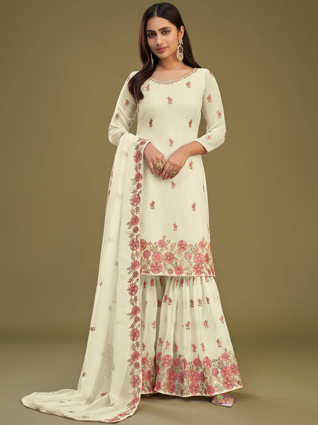 Beautiful Lemon Yellow Embroidered Georgette Party Wear Sharara Suit