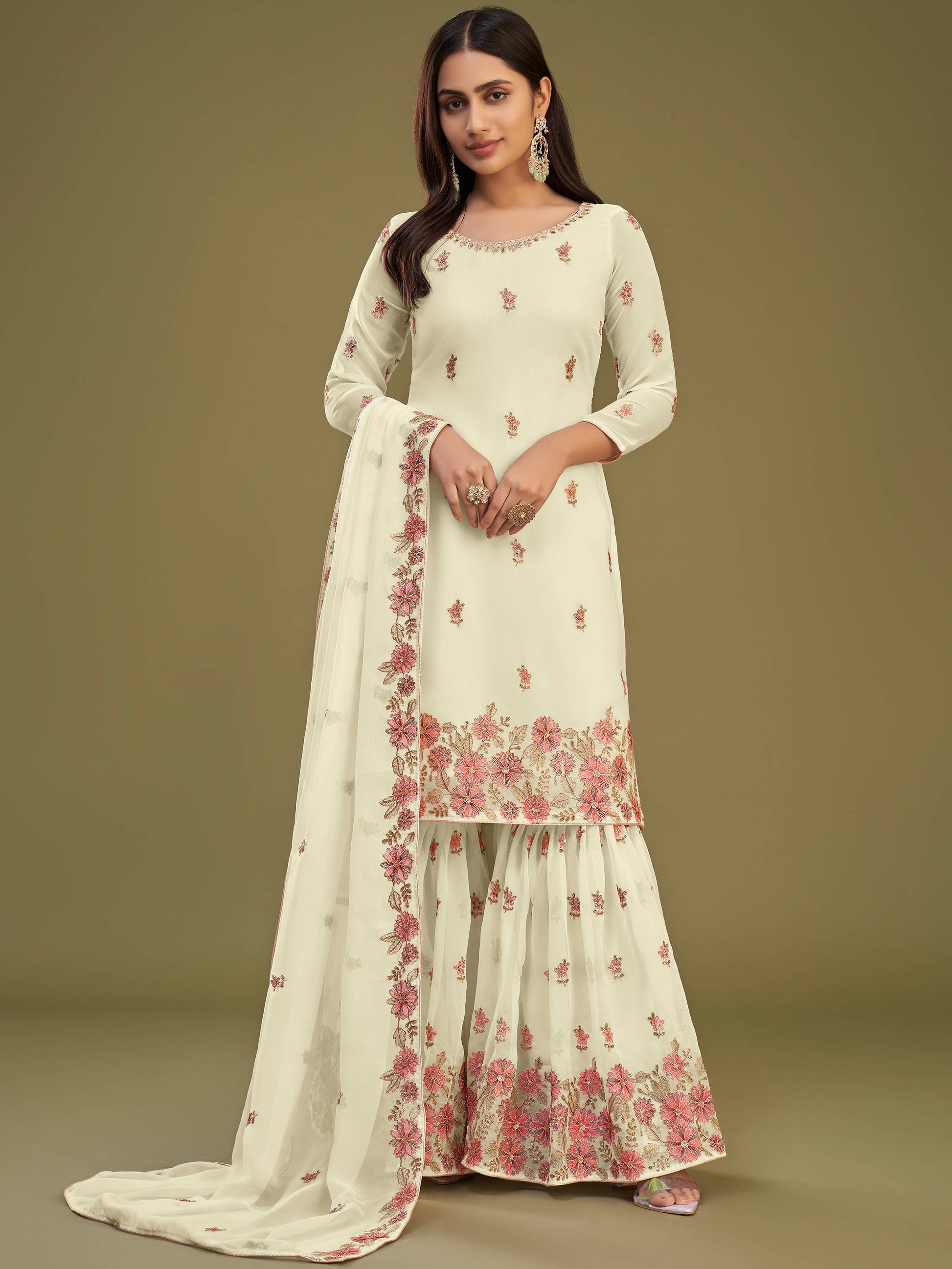Beautiful Lemon Yellow Embroidered Georgette Party Wear Sharara Suit