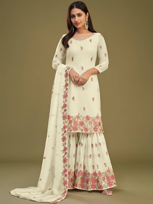 Beautiful Lemon Yellow Embroidered Georgette Party Wear Sharara Suit